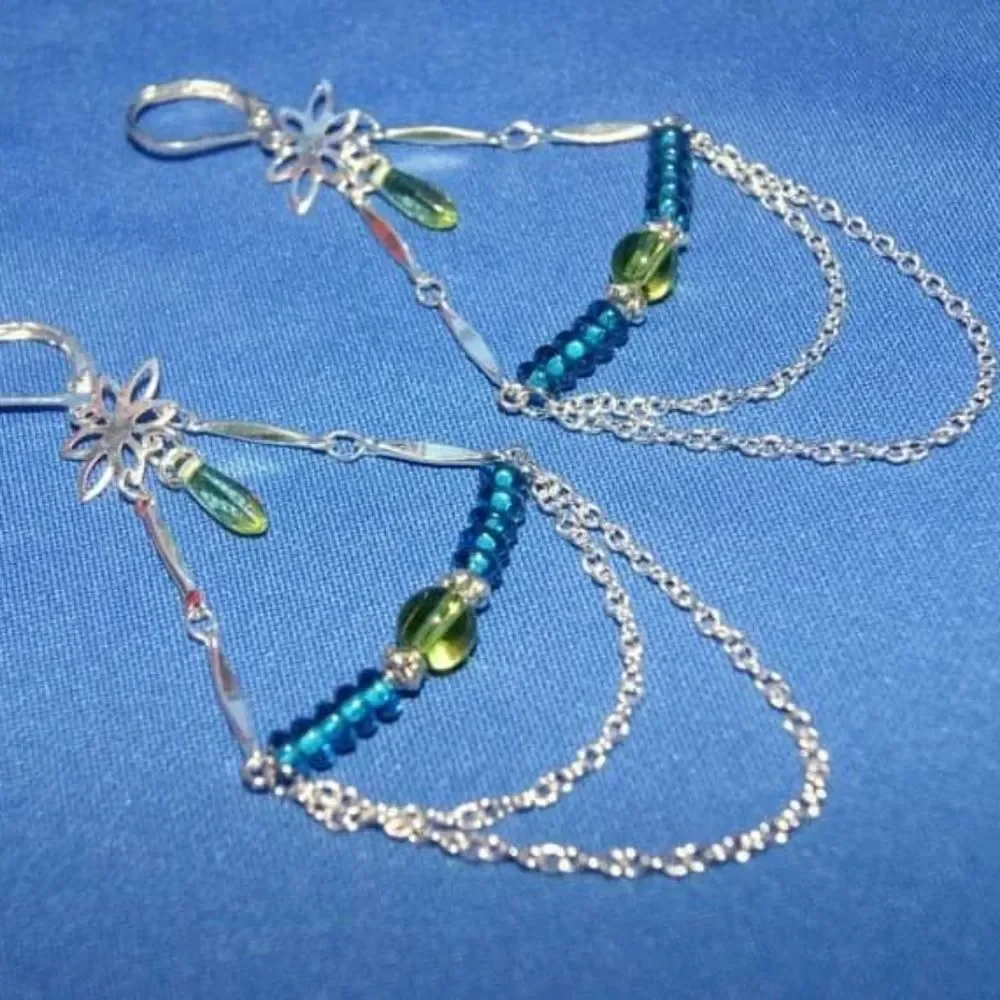 Handmade Glass Bead & Silver Plated Chandelier Long Dangle Earrings
